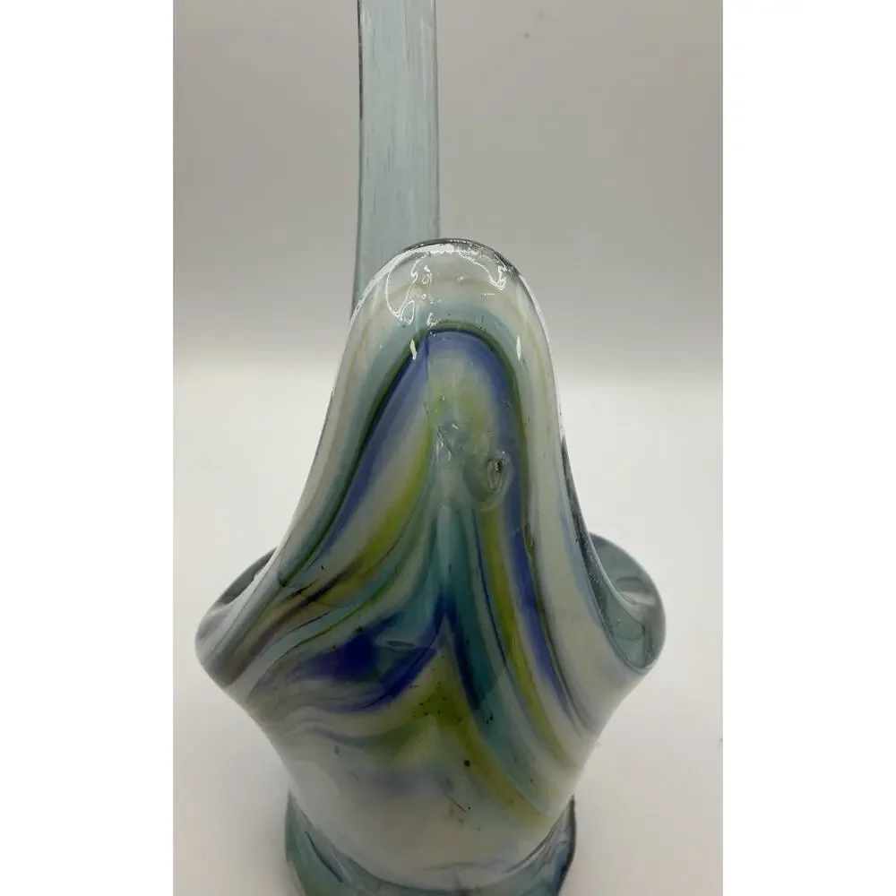Vintage Hand Blown Art Glass Swan Vase Blue Slag Swirl MCM 10.5”